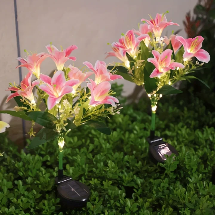 太阳能7头百合花灯，42颗LED灯珠，户外粉红色花园太阳能灯，适用于户外庭院、庭院和花园