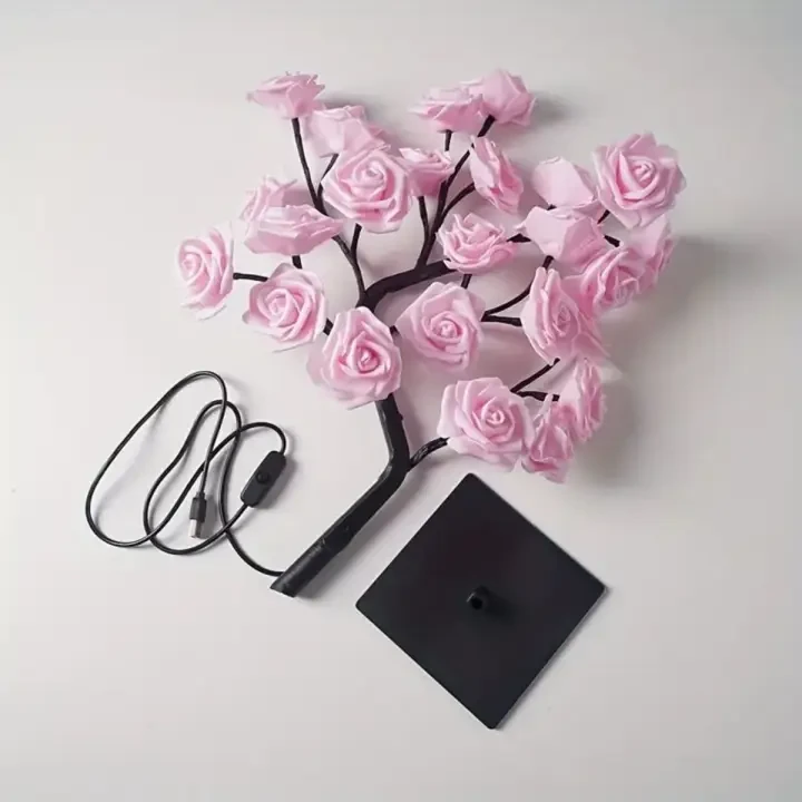 一盏LED玫瑰花桌灯，情人节树精灯24颗LED玫瑰花树灯情人节USB桌灯精灯枫叶夜灯家庭派对圣诞婚礼卧室装饰礼物