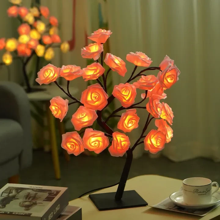 一盏LED玫瑰花桌灯，情人节树精灯24颗LED玫瑰花树灯情人节USB桌灯精灯枫叶夜灯家庭派对圣诞婚礼卧室装饰礼物