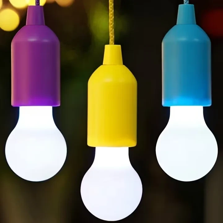 Battery Operated LED Hanging Bulb Night Light, Portable Vintage Pendant Lamp with 110cm Pull String, Colorful Retro Hanging Light for Bedroom, Party, Camping, Office & Cabinet Decor