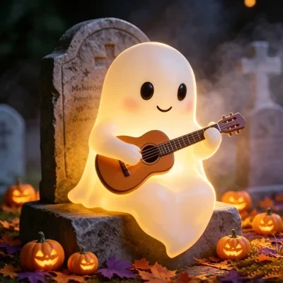 Halloween Ghost Guitar Reading Night Light Ornament, suitable for adults aged 18 and above, cute ghost LED desk lamp, home desktop decoration, bedroom decor, study lighting, party decoration, holiday gift