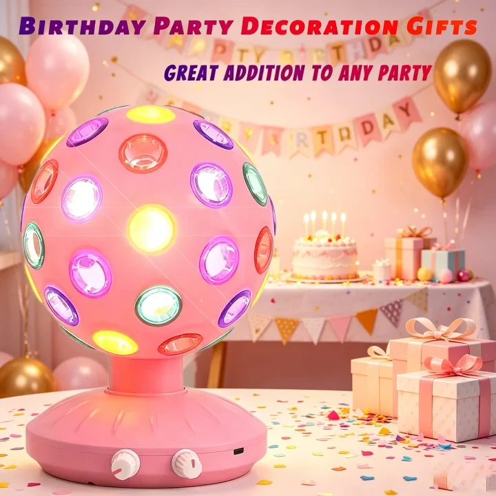 Pink Rotating Disco Ball Light - 360° LED Party Lamp with Adjustable Speed & Dimmable Brightness, Rechargeable Mood Light for Bedroom, Birthdays & Holidays