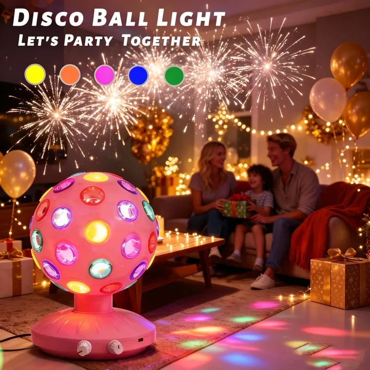 Pink Rotating Disco Ball Light - 360° LED Party Lamp with Adjustable Speed & Dimmable Brightness, Rechargeable Mood Light for Bedroom, Birthdays & Holidays