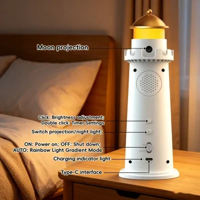 Lighthouse Moon Projection Lamp, Dimmable LED Night Light with Timer, USB-C Rechargeable Moon Projector for Bedroom, Kids Room & Living Room