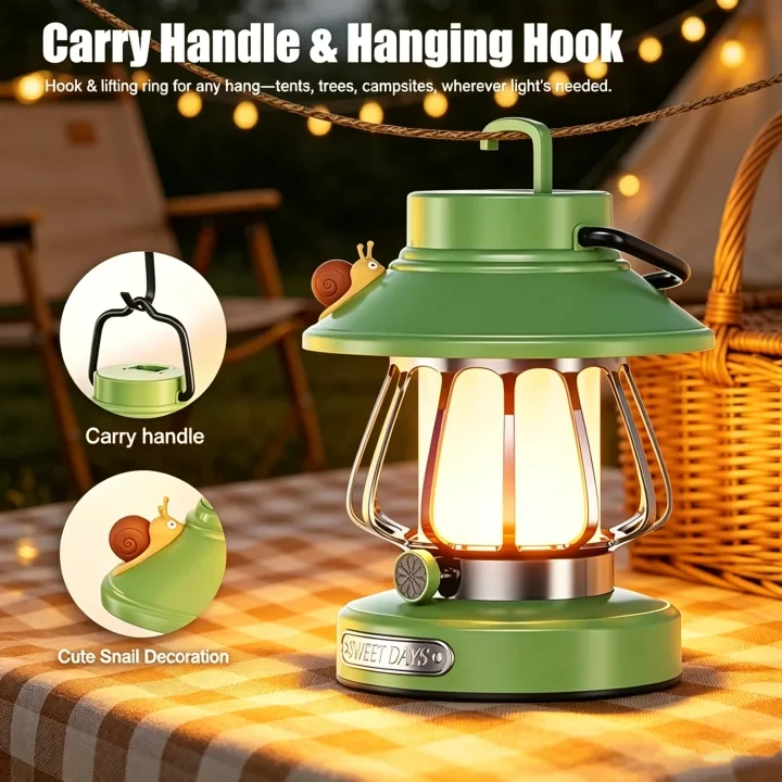 Rechargeable LED Camping Lantern Three Mode Portable Hanging Hook Carry Handle Cute Snail Outdoor Emergency Lamp