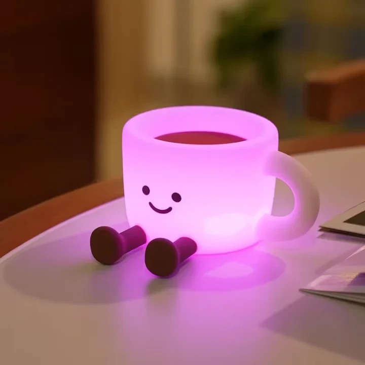 可爱咖啡杯夜灯 柔软硅胶轻触感应氛围灯 七彩USB充电手机支架 萌趣礼物
