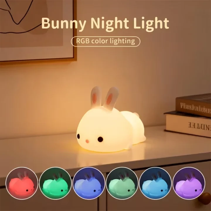 Cute Bunny Night Light for Kids Nursery, Rechargeable Silicone Touch Lamp with Timer & RGB Color, Soft LED Bedside Lamp for Toddlers, Baby Room Decor Gift
