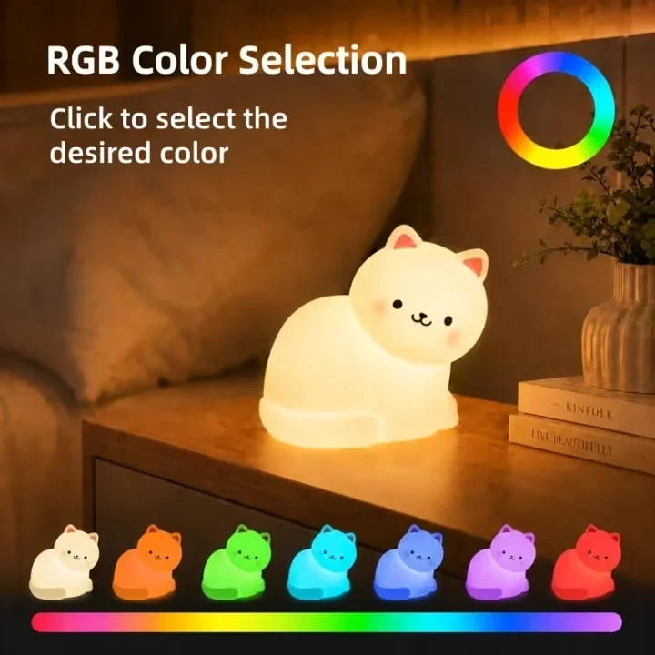 Cute Cat Silicone Night Light for Kids – Rechargeable Tap Lamp with 7 RGB Colors, 3 Brightness Levels & 30-Min Timer, USB-C Nursery Nightlight for Boys & Girls