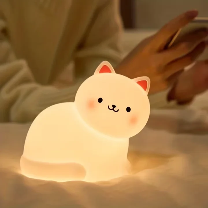 Cute Cat Silicone Night Light for Kids – Rechargeable Tap Lamp with 7 RGB Colors, 3 Brightness Levels & 30-Min Timer, USB-C Nursery Nightlight for Boys & Girls