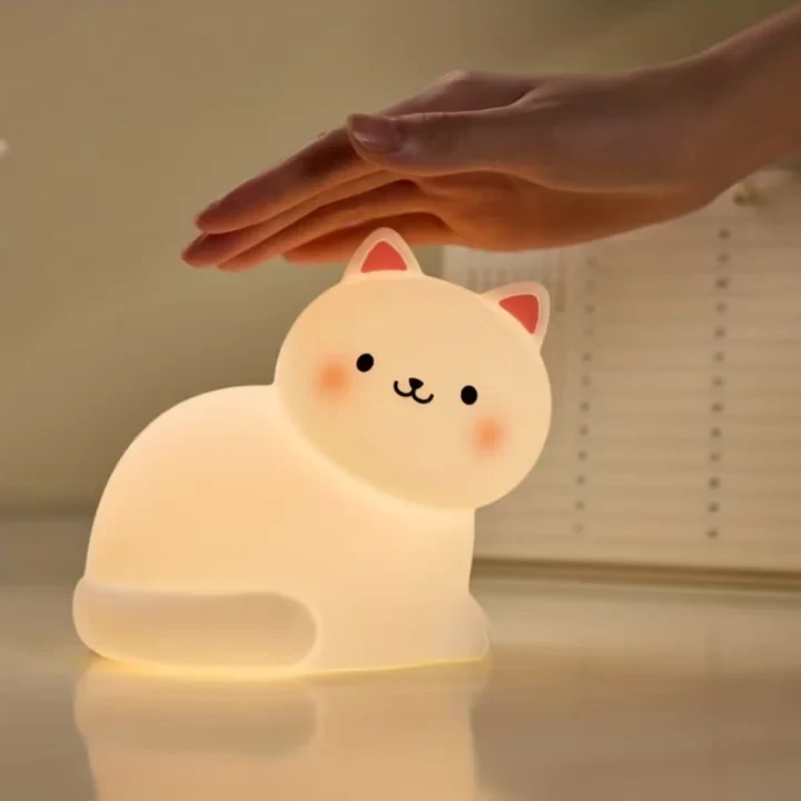 Cute Cat Silicone Night Light for Kids – Rechargeable Tap Lamp with 7 RGB Colors, 3 Brightness Levels & 30-Min Timer, USB-C Nursery Nightlight for Boys & Girls