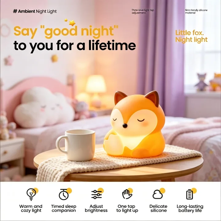 Fox Silicone Night Light, Rechargeable Touch-Control Nursery Lamp with 3 Brightness Levels & Timer, Soft Cute Sleep Companion for Kids Room & Bedroom Bedside, Birthday & Holiday Gift
