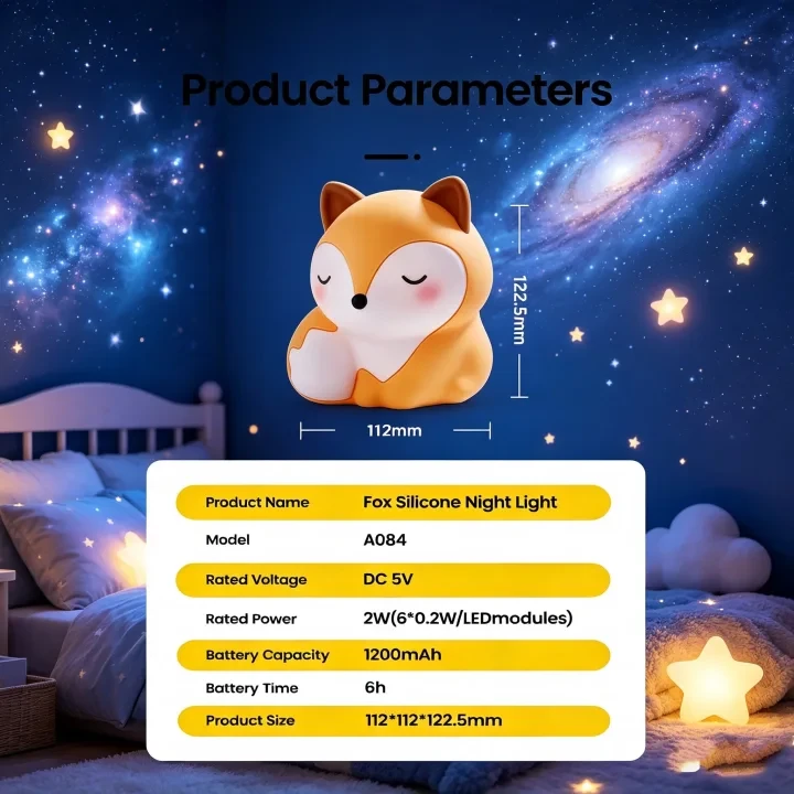 Fox Silicone Night Light, Rechargeable Touch-Control Nursery Lamp with 3 Brightness Levels & Timer, Soft Cute Sleep Companion for Kids Room & Bedroom Bedside, Birthday & Holiday Gift