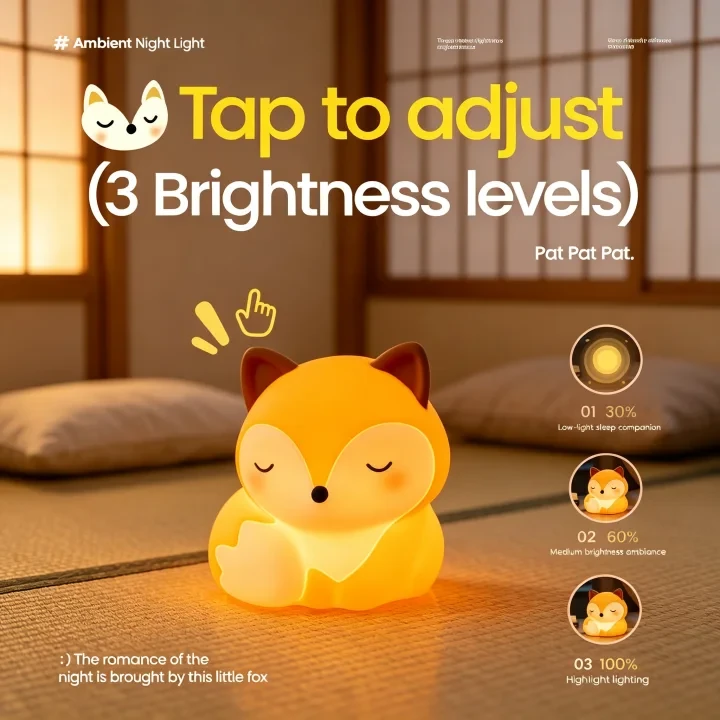 Fox Silicone Night Light, Rechargeable Touch-Control Nursery Lamp with 3 Brightness Levels & Timer, Soft Cute Sleep Companion for Kids Room & Bedroom Bedside, Birthday & Holiday Gift