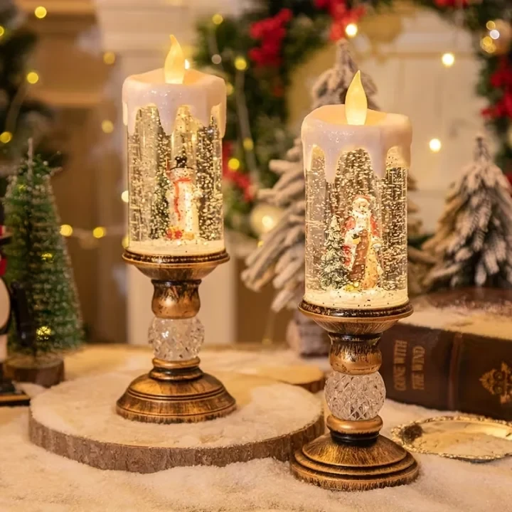 Flameless LED Christmas Candle with Rotating Snowfall & Built-in Music, Vintage Gold Candle Holder with Santa and Snowman Scene, Holiday Home Decor Gift